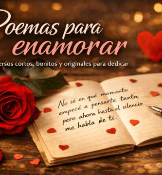 Portada romántica con rosa roja, cuaderno abierto y poema de amor escrito a mano para artículo sobre poemas para enamorar