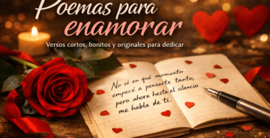 Portada romántica con rosa roja, cuaderno abierto y poema de amor escrito a mano para artículo sobre poemas para enamorar