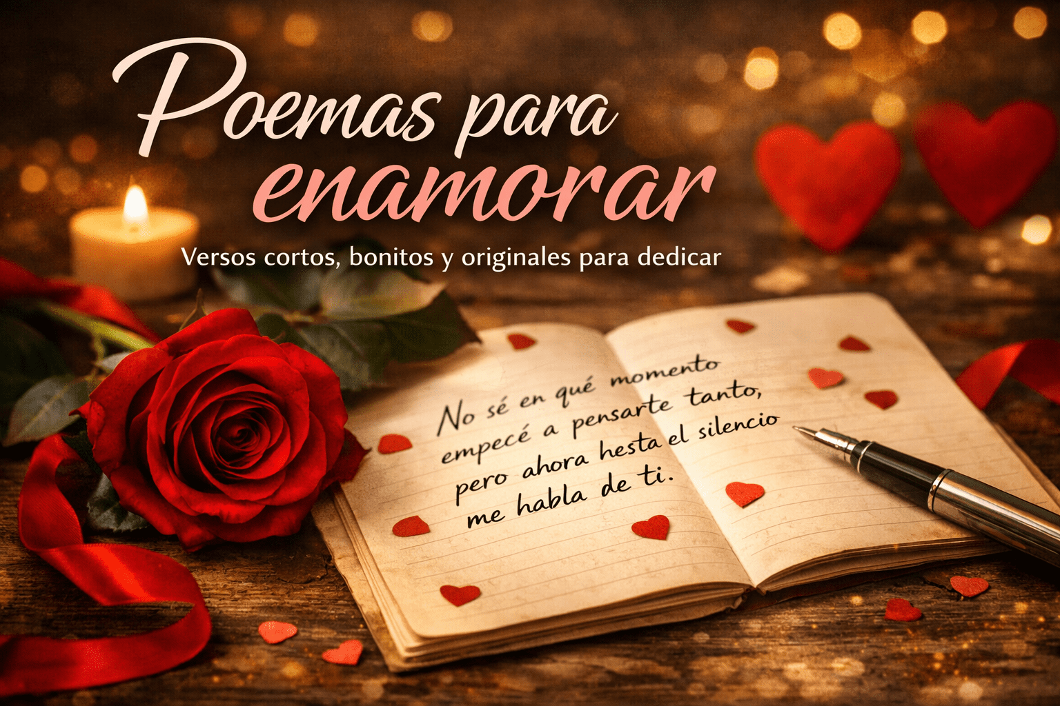 Portada romántica con rosa roja, cuaderno abierto y poema de amor escrito a mano para artículo sobre poemas para enamorar