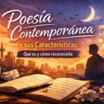 Ilustración de portada sobre poesía contemporánea con cuaderno abierto, pluma, ciudad al atardecer y elementos visuales modernos