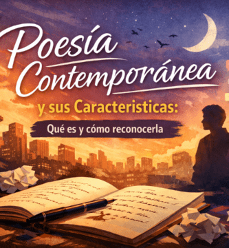 Ilustración de portada sobre poesía contemporánea con cuaderno abierto, pluma, ciudad al atardecer y elementos visuales modernos