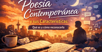 Ilustración de portada sobre poesía contemporánea con cuaderno abierto, pluma, ciudad al atardecer y elementos visuales modernos