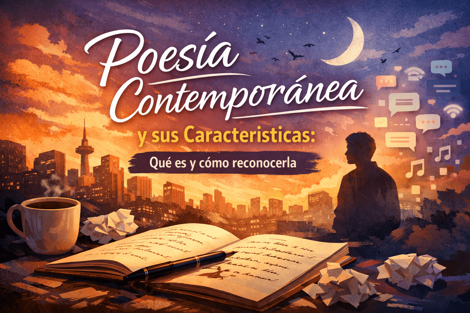 Ilustración de portada sobre poesía contemporánea con cuaderno abierto, pluma, ciudad al atardecer y elementos visuales modernos