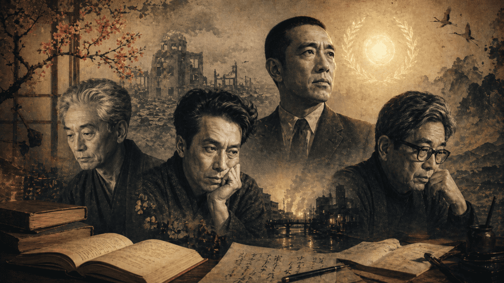Escritores japoneses de posguerra rodeados de libros, ruinas urbanas, manuscritos y símbolos de reconocimiento internacional.