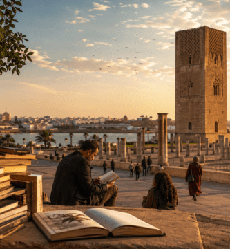 Imagen editorial de Rabat 2026 con lectores al aire libre y vista urbana al atardecer