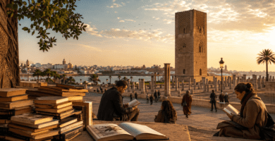 Imagen editorial de Rabat 2026 con lectores al aire libre y vista urbana al atardecer