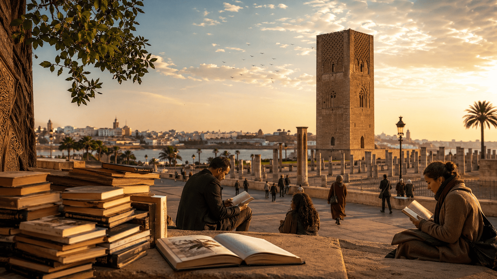 Imagen editorial de Rabat 2026 con lectores al aire libre y vista urbana al atardecer