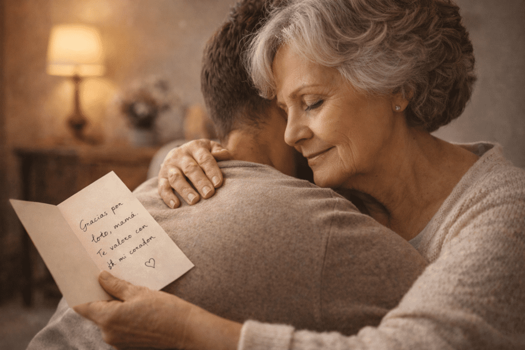 Madre abrazando a su hijo mientras sostiene una carta de agradecimiento en un momento íntimo y emotivo