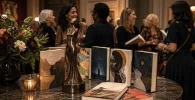 Imagen editorial del Women’s Prize 2026 con libros finalistas y ambiente de premiación literaria