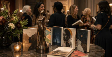 Imagen editorial del Women’s Prize 2026 con libros finalistas y ambiente de premiación literaria
