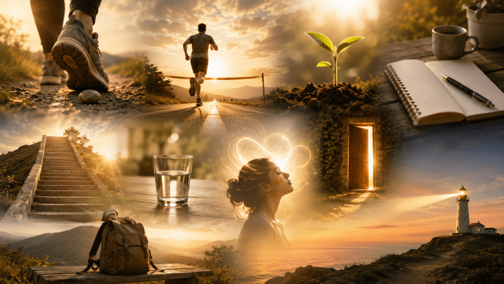 Collage inspirador con un corredor, una semilla creciendo, una escalera, un vaso de agua, una puerta abierta y un faro para ilustrar 10 historias cortas motivadoras con moraleja.