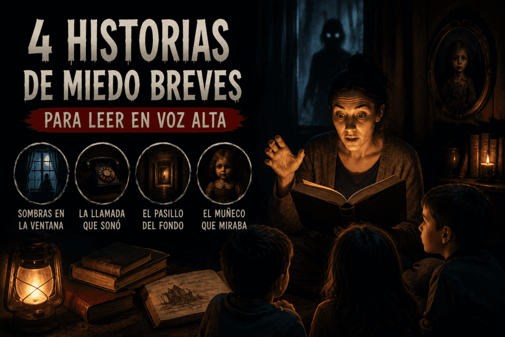 Imagen oscura con una narradora leyendo historias de miedo en voz alta a un grupo de niños, con una linterna, libros antiguos y sombras inquietantes al fondo.