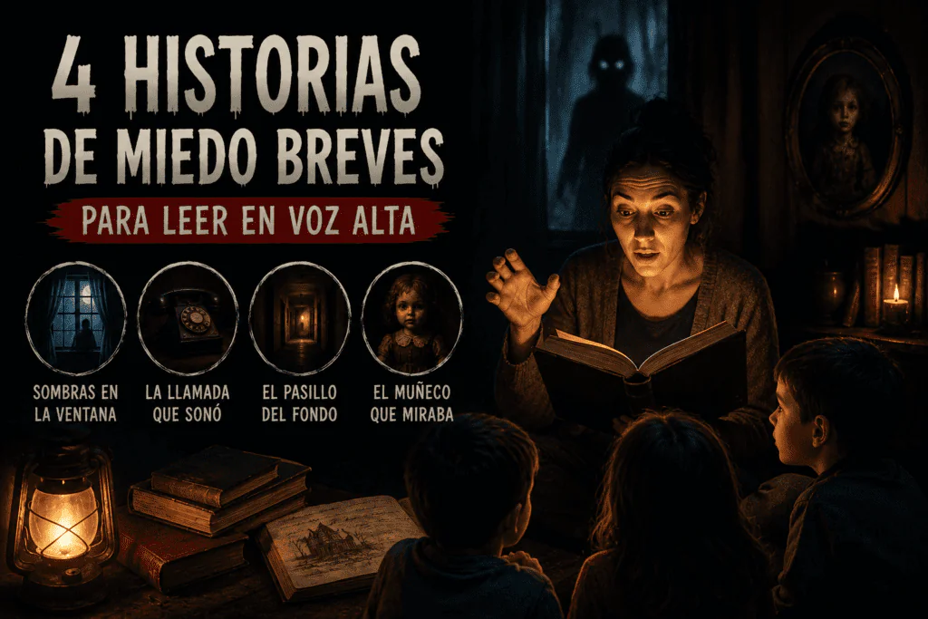 Imagen oscura con una narradora leyendo historias de miedo en voz alta a un grupo de niños, con una linterna, libros antiguos y sombras inquietantes al fondo.