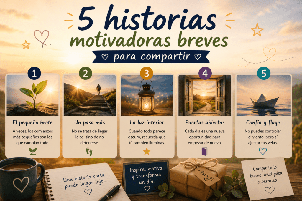 Imagen cálida con cinco tarjetas de historias motivadoras breves, un amanecer, una libreta, una taza y mensajes inspiradores para compartir.