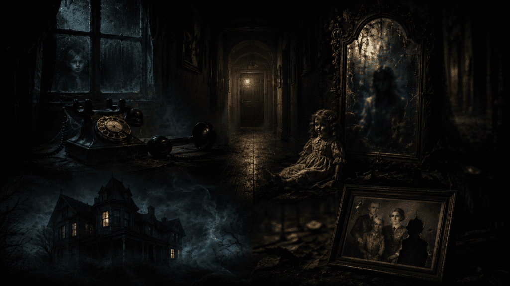 Imagen oscura con una ventana lluviosa, un teléfono antiguo, un pasillo, un espejo, un muñeco y una foto familiar para ilustrar 8 historias de terror cortas.