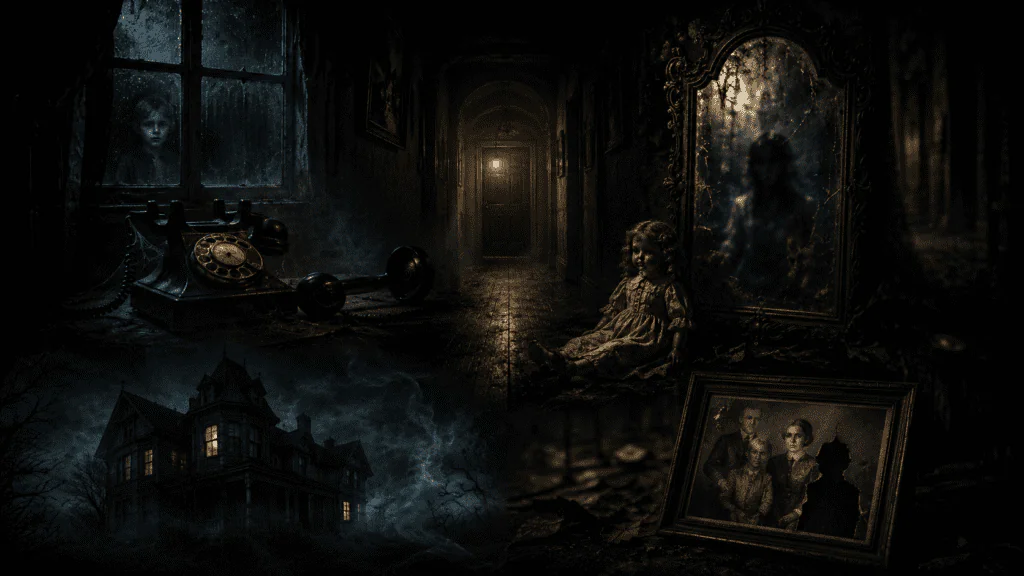 Imagen oscura con una ventana lluviosa, un teléfono antiguo, un pasillo, un espejo, un muñeco y una foto familiar para ilustrar 8 historias de terror cortas.