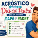 Acróstico para el Día del Padre con la palabra PAPÁ y PADRE en tarjetas escolares junto a un papá abrazando a su hijo