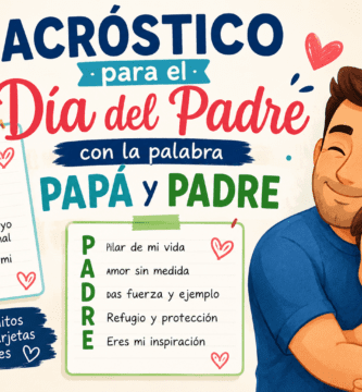 Acróstico para el Día del Padre con la palabra PAPÁ y PADRE en tarjetas escolares junto a un papá abrazando a su hijo