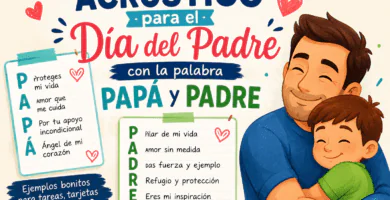 Acróstico para el Día del Padre con la palabra PAPÁ y PADRE en tarjetas escolares junto a un papá abrazando a su hijo