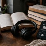 Audífonos, celular con audiolibro y libro abierto sobre una mesa de lectura.