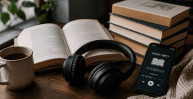 Audífonos, celular con audiolibro y libro abierto sobre una mesa de lectura.