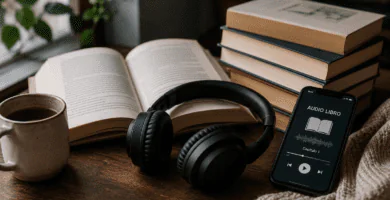 Audífonos, celular con audiolibro y libro abierto sobre una mesa de lectura.