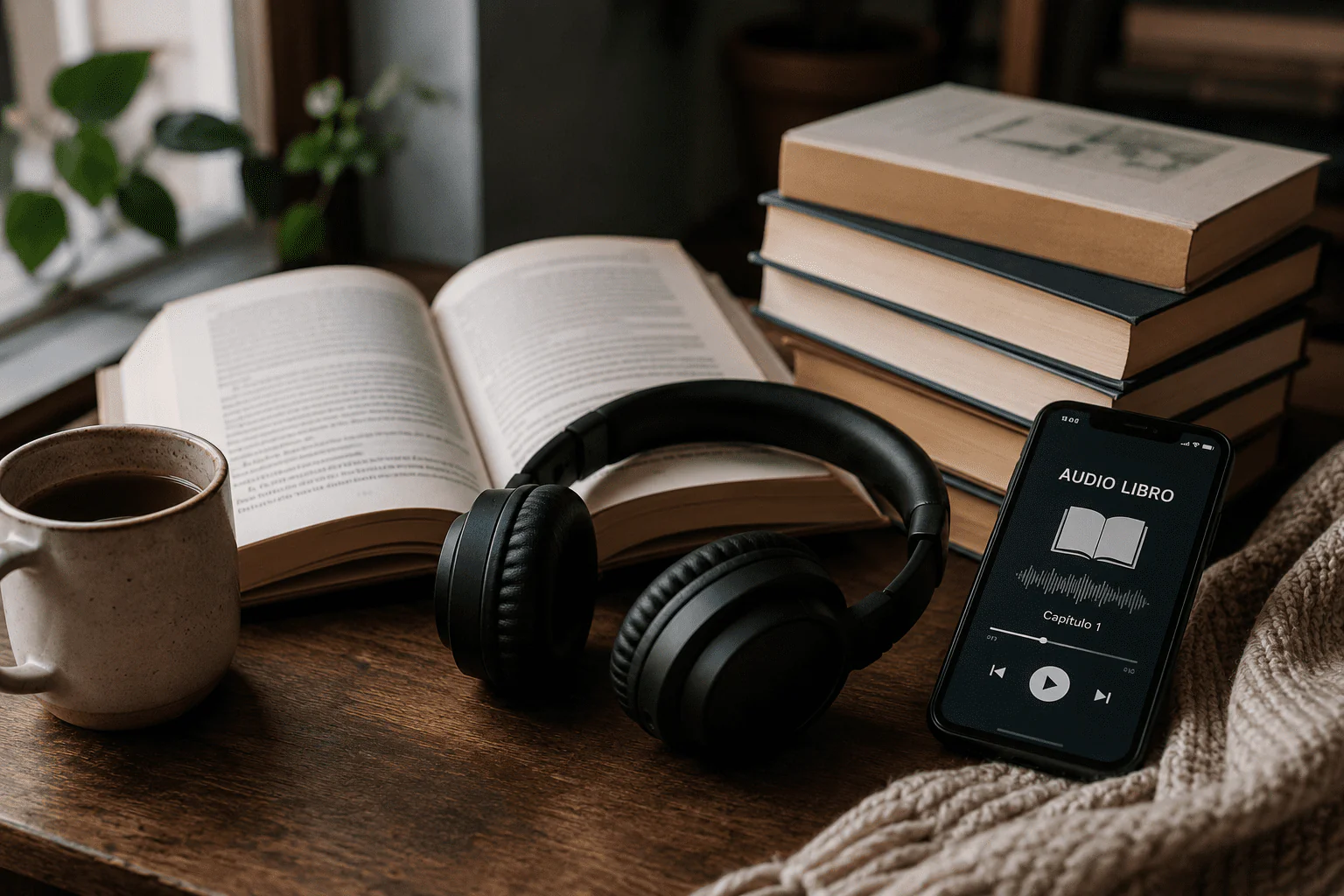 Audífonos, celular con audiolibro y libro abierto sobre una mesa de lectura.
