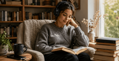 Persona escucha un audiolibro con audífonos mientras sostiene un libro abierto en un rincón de lectura.