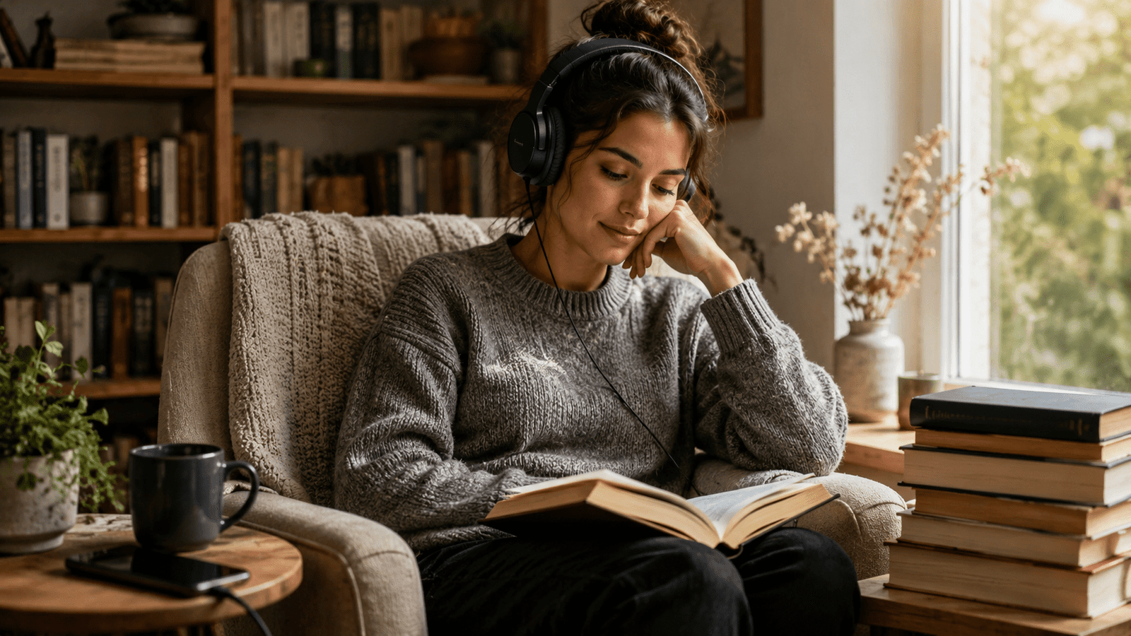 Persona escucha un audiolibro con audífonos mientras sostiene un libro abierto en un rincón de lectura.