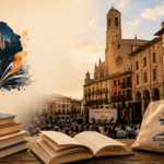 Festival literario en Barbastro con libros abiertos y público reunido en una plaza histórica.
