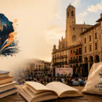 Festival literario en Barbastro con libros abiertos y público reunido en una plaza histórica.