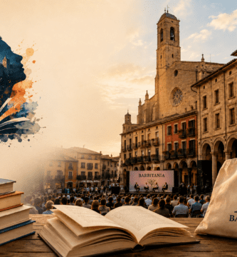 Festival literario en Barbastro con libros abiertos y público reunido en una plaza histórica.