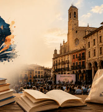 Festival literario en Barbastro con libros abiertos y público reunido en una plaza histórica.