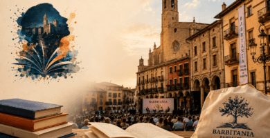 Festival literario en Barbastro con libros abiertos y público reunido en una plaza histórica.