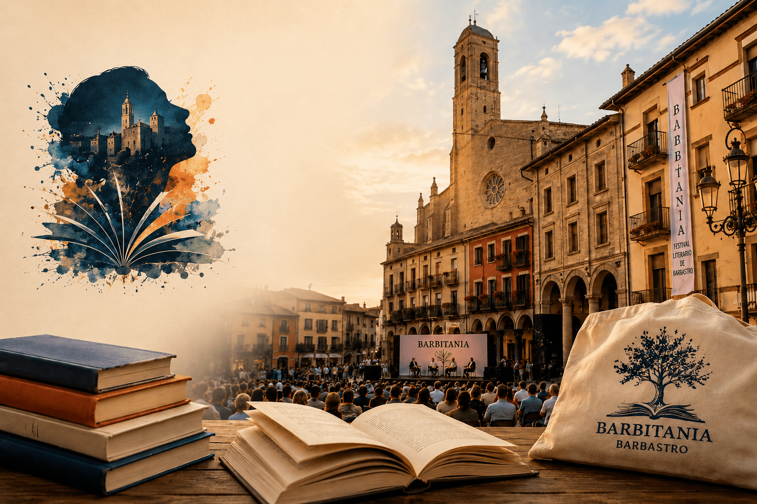 Festival literario en Barbastro con libros abiertos y público reunido en una plaza histórica.