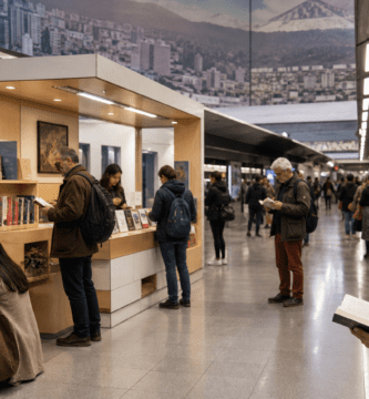 Imagen editorial de Bibliometro con lectores en una estación de Metro de Santiago rodeados de libros