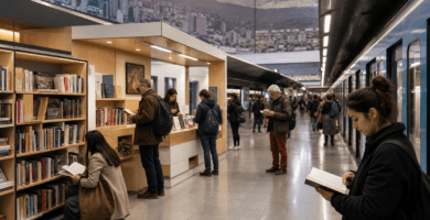Imagen editorial de Bibliometro con lectores en una estación de Metro de Santiago rodeados de libros