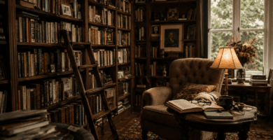 Biblioteca personal con estanterías llenas de libros, sillón de lectura y luz cálida.