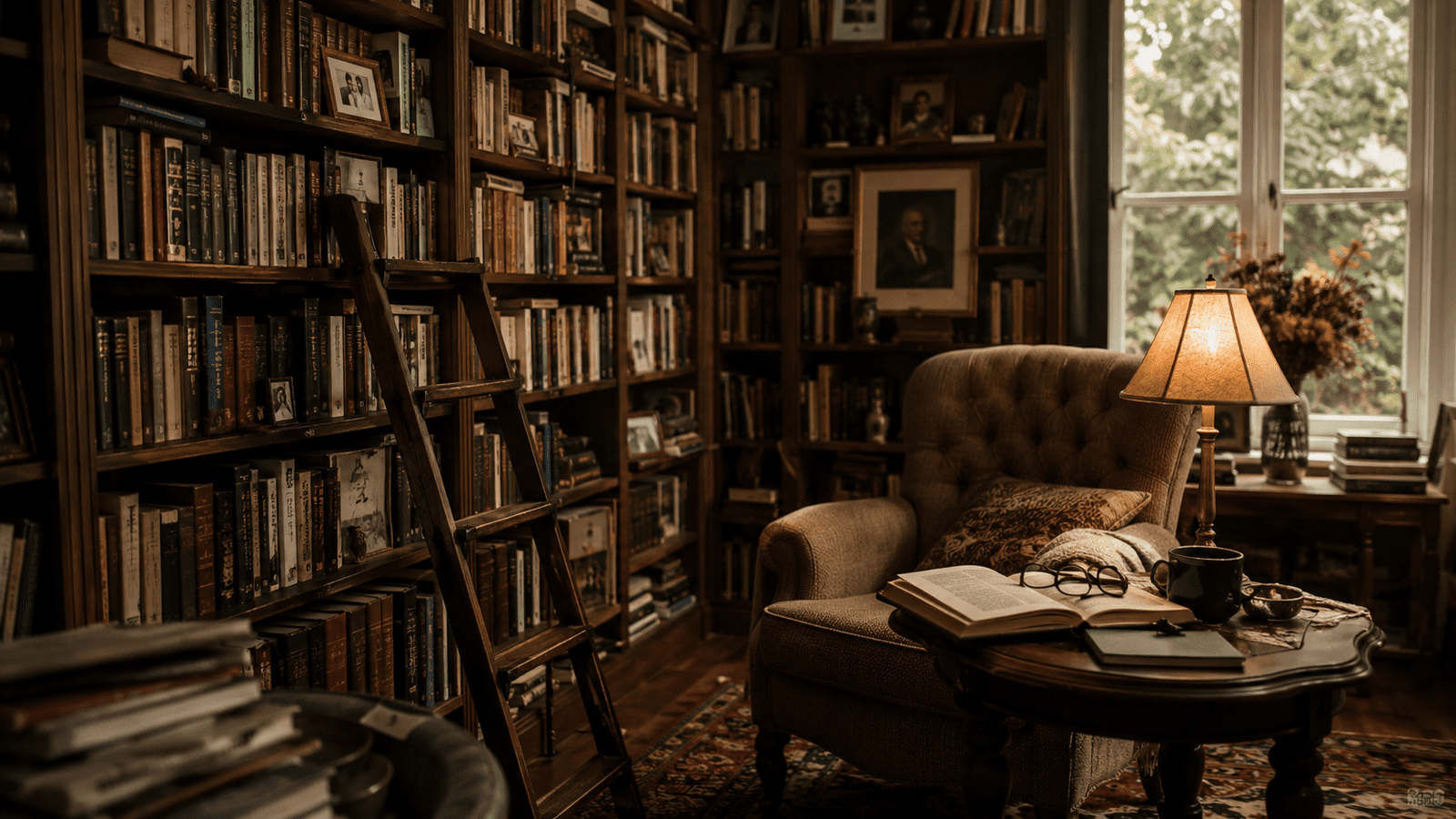 Biblioteca personal con estanterías llenas de libros, sillón de lectura y luz cálida.