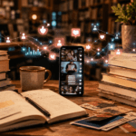 Celular con videos de BookTok entre libros, notas y símbolos digitales de interacción lectora.