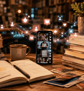 Celular con videos de BookTok entre libros, notas y símbolos digitales de interacción lectora.