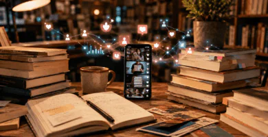 Celular con videos de BookTok entre libros, notas y símbolos digitales de interacción lectora.