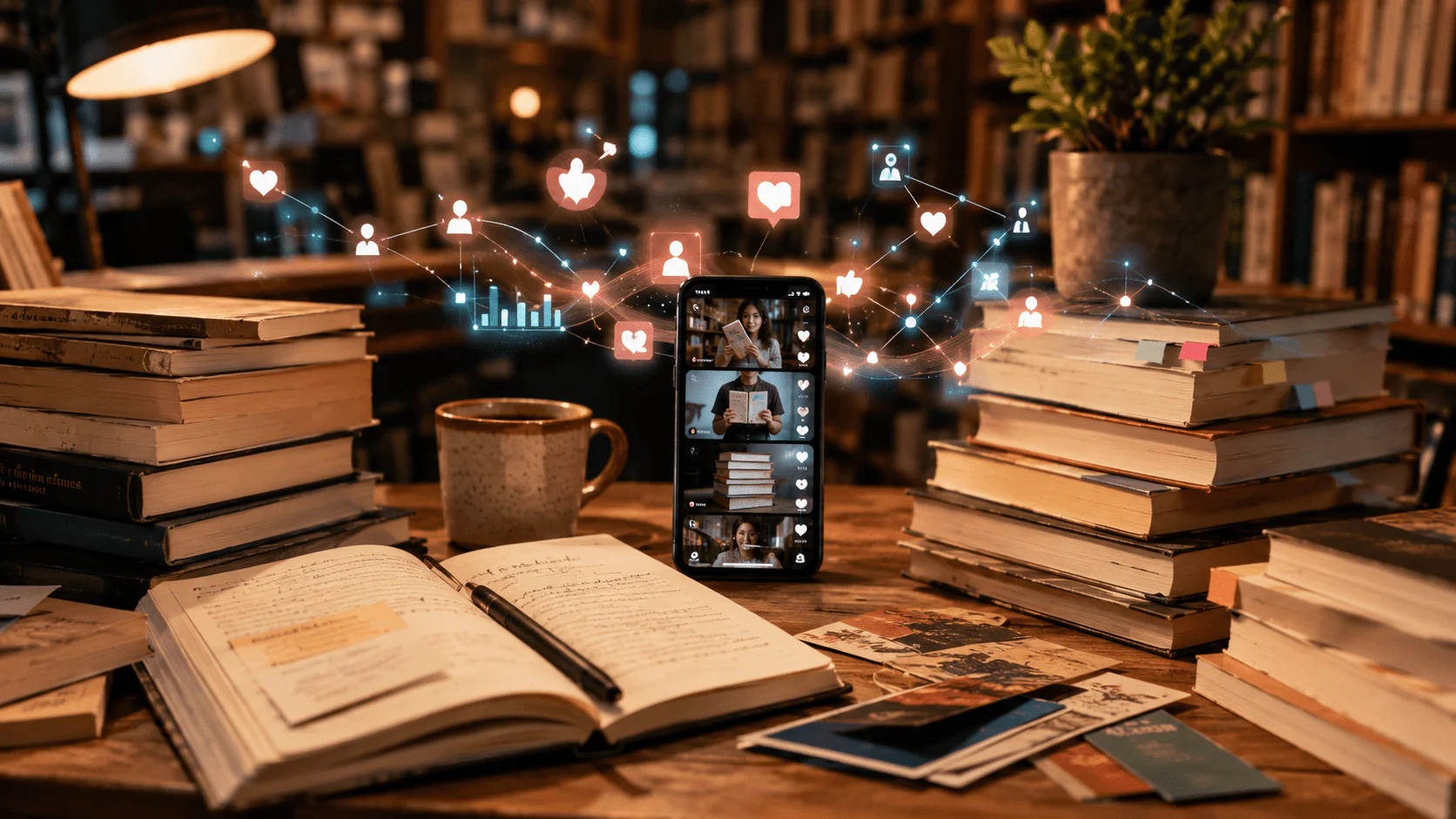 Celular con videos de BookTok entre libros, notas y símbolos digitales de interacción lectora.