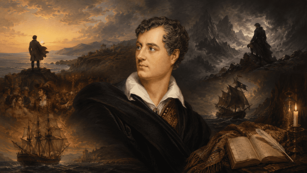 Lord Byron rodeado de escenas simbólicas de cinco obras esenciales, con paisaje romántico, mar, montaña, barco corsario, manuscritos y atmósfera melancólica.