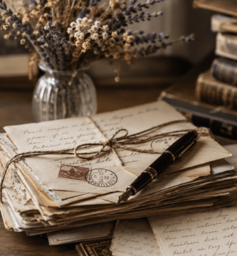 Cartas antiguas manuscritas, pluma y libros sobre un escritorio de madera.
