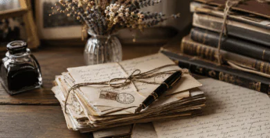 Cartas antiguas manuscritas, pluma y libros sobre un escritorio de madera.