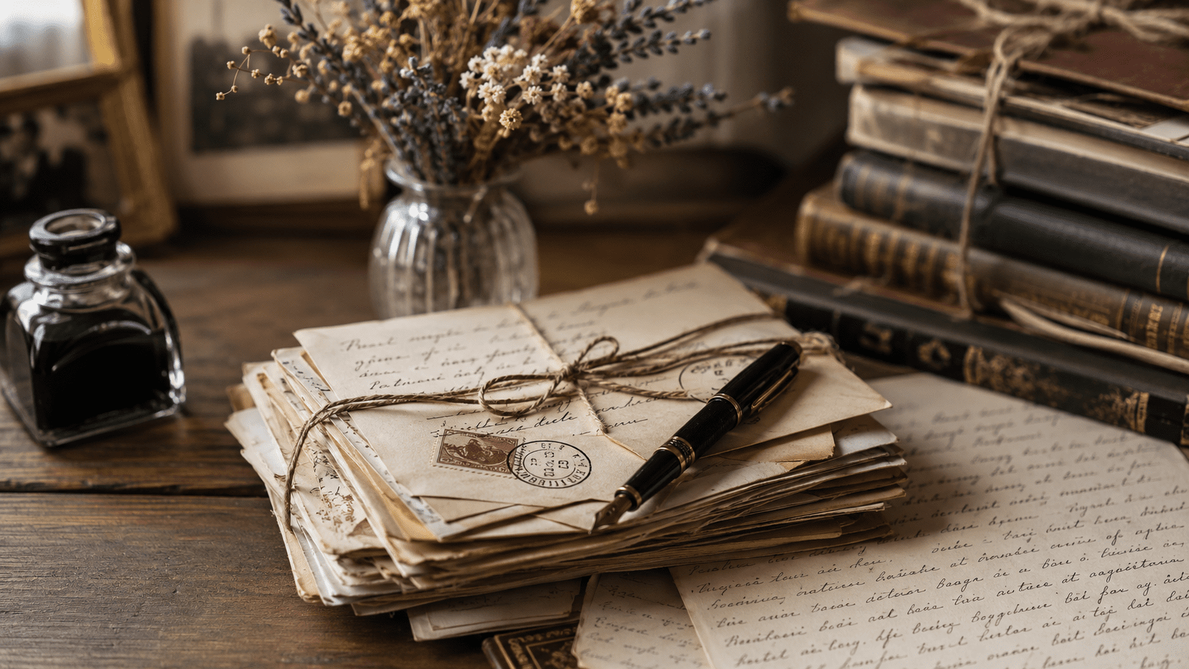 Cartas antiguas manuscritas, pluma y libros sobre un escritorio de madera.