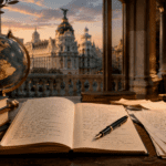 Manuscritos de poesía americana frente a una vista de Madrid y un globo con América.