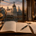 Manuscritos de poesía americana frente a una vista de Madrid y un globo con América.