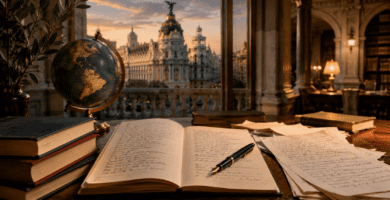 Manuscritos de poesía americana frente a una vista de Madrid y un globo con América.
